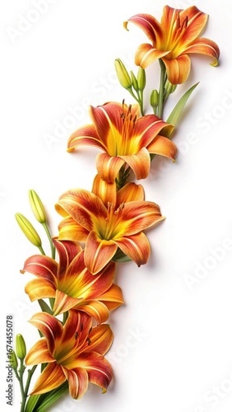Fototapeta Elegant still life featuring a cascade of orange and yellow daylilies with buds