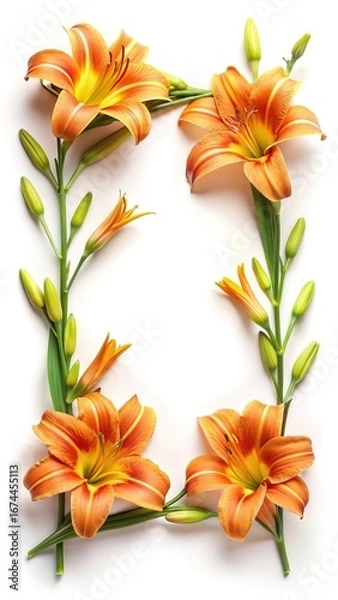 Fototapeta Elegant frame of orange lilies with green stems and unopened buds on white
