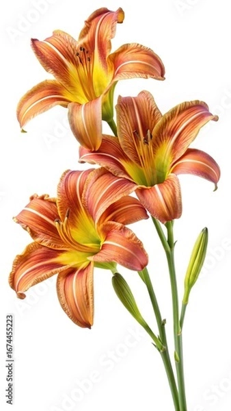 Fototapeta Three Beautiful Tiger Lilies in Full Bloom on a White Background