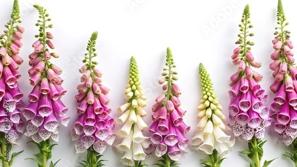 Fototapeta A row of Foxglove flowers in varying colors on a white background