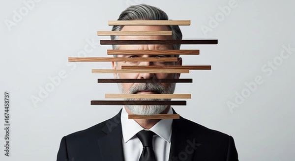 Fototapeta Businessman with wooden slats covering face representing hidden identity