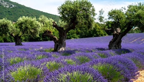 Fototapeta Lavender field with olive trees (1)