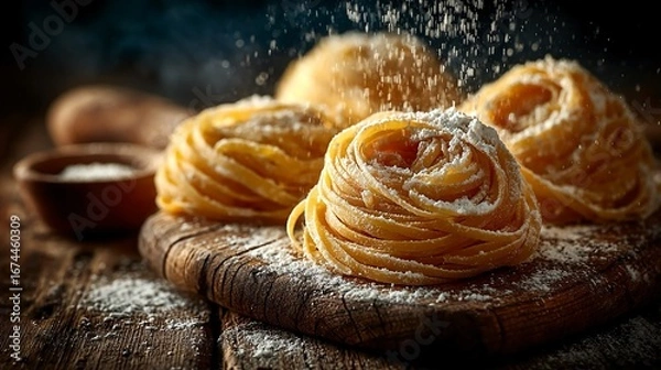 Fototapeta Close up of raw pasta nests on flour dusted wooden board with golden hue and dry texture creating rustic culinary mood perfect for food prep visuals or traditional Italian themes