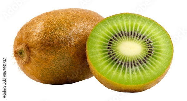 Fototapeta A whole fuzzy brown kiwi fruit next to a vibrant green sliced kiwi revealing its starburst seed pattern isolated on transparent background