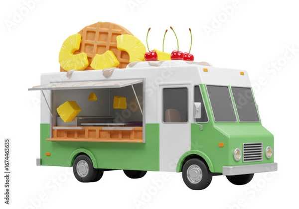 Fototapeta Isolated food truck with waffle and fruit dessert, mobile cafe delivery concept, 3D rendering