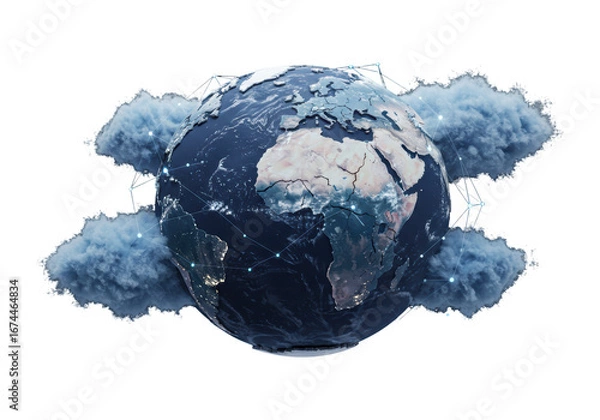 Fototapeta Isolated globe showing Africa and Europe amid digital network with clouds surrounding