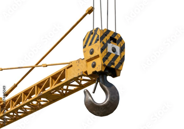 Fototapeta Isolated Construction Crane Hook with Yellow Boom for Industrial Use in Lifting Operations