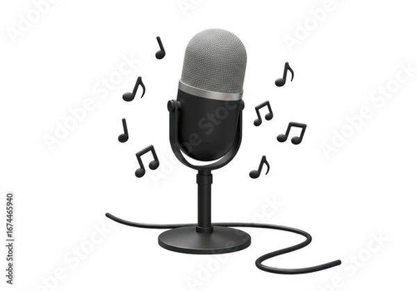 Fototapeta Isolated microphone with music notes surrounding it is displayed on a neutral backdrop
