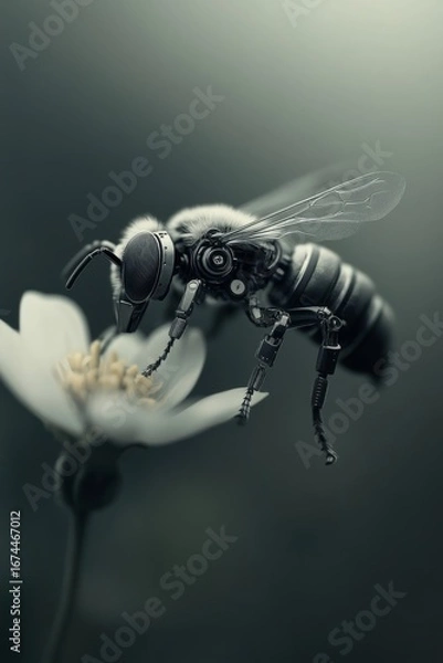 Fototapeta Robotic Bee Pollinating White Flower – Futuristic Macro
