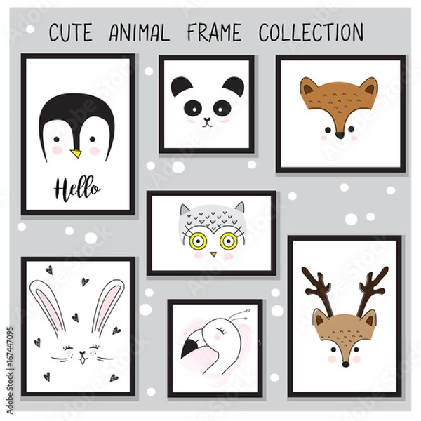 Fototapeta Cute animal hand drawn frame collection set in vector 