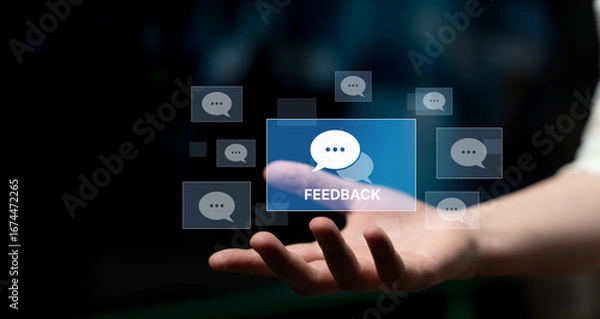Fototapeta Customer or business team feedback system highlighting comments, opinions, evaluations, reviews, and suggestions from users to improve services, communication, and product quality idea insight Latch