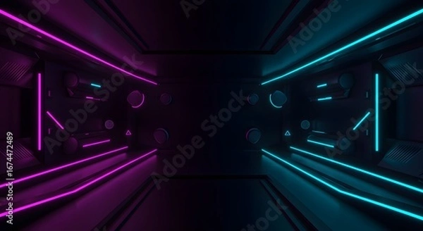 Fototapeta Futuristic sci-fi corridor with glowing neon purple and cyan lights, immersive digital tunnel background perfect for technology, gaming, metaverse, VR, and cyberpunk design projects.