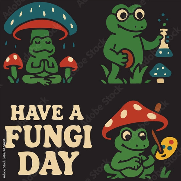 Fototapeta Have a Fungi Day Frog and Mushroom Cartoon Bundle,Cute Scientist, Artist & Meditation Toadstool Set