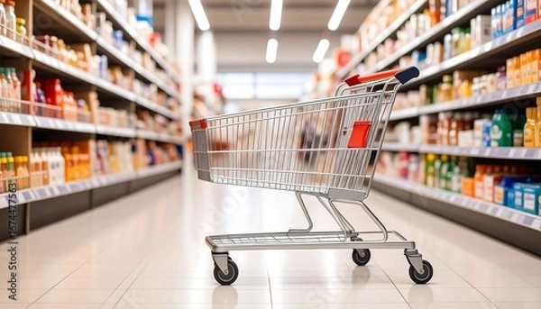 Fototapeta Empty shopping cart in a grocery aisle