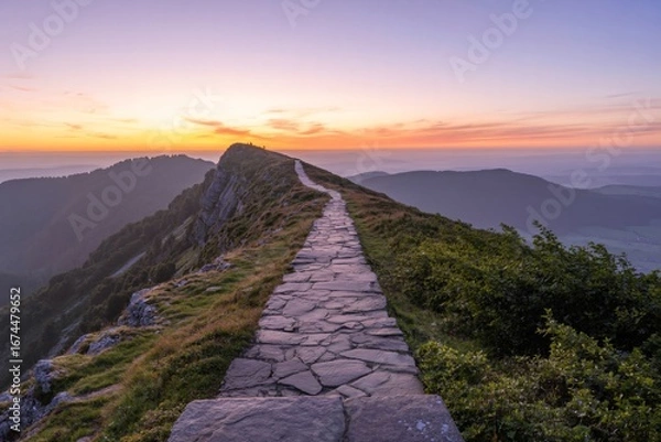 Fototapeta A narrow, winding stone path leads along a majestic mountain ridge, illuminated by the warm glow of a sunset. 