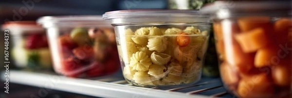 Obraz Close-up of soup in plastic containers on refrigerator shelf, with baby vegetables and pasta beside, cold interior light
