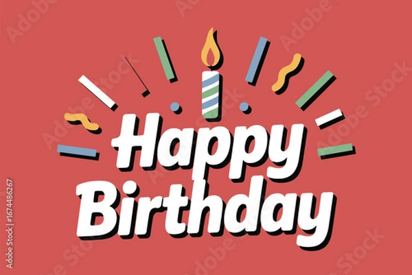 Fototapeta Happy birthday message with candle and confetti on a red background for birthday celebration event card design