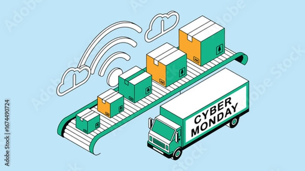 Fototapeta Illustration of cyber monday delivery truck and boxes on conveyor belt with cloud wifi symbol