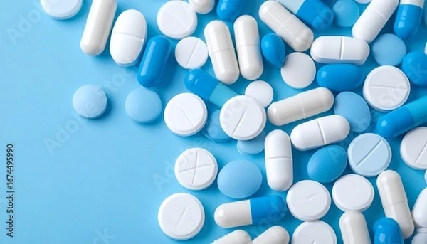 Fototapeta Assorted pills and capsules on a light blue surface