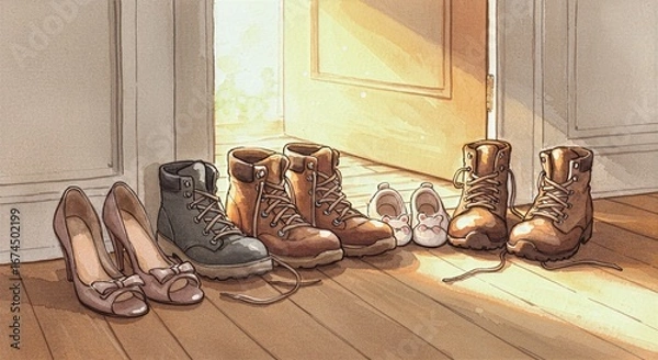 Obraz Warm sunlight streams across wooden flooring where shoes lined up in entryway await amidst loose brushstrokes and muted earthy tones