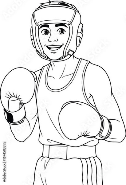 Obraz Smiling boxer wearing gloves and headgear ready for a match in black and white