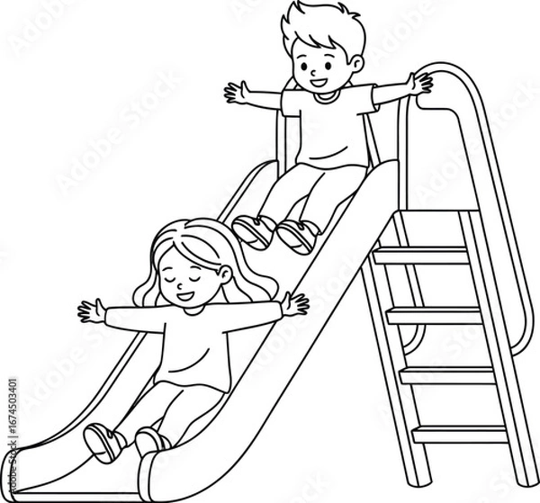 Obraz Children having fun sliding down a slide in a playground line art illustration
