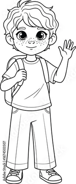 Obraz Line art of a boy with a backpack waving hello ready for school adventures