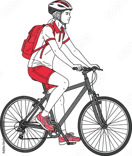 Obraz Woman riding a bicycle with helmet and backpack in a sporty outfit outdoors