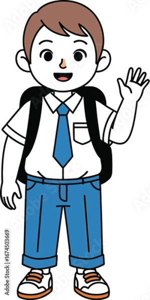 Obraz Cheerful student waving hello with backpack and school uniform illustration