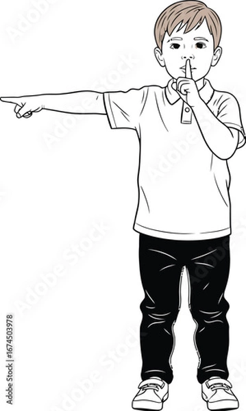 Obraz Young boy gesturing silence and pointing to the left in a cartoon illustration