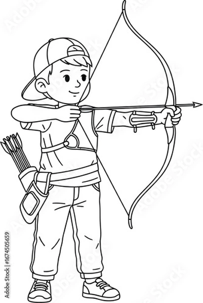 Obraz Young boy archer aiming with bow and arrow in a cartoon outline illustration