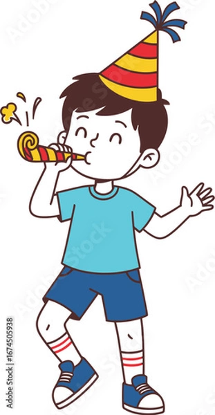 Obraz Cheerful boy wearing a party hat blowing a noisemaker at a fun celebration event