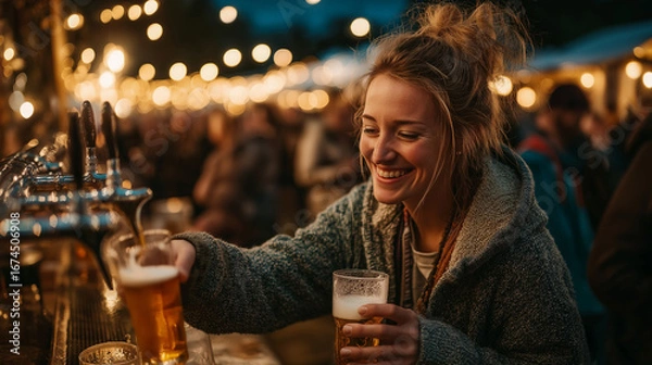 Obraz Young woman smiling while pouring draft beer at evening festival  