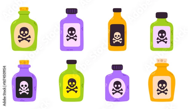 Fototapeta Collection of colorful poison bottles with skull labels for halloween design