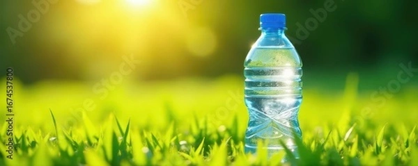 Fototapeta Cool, refreshing bottled water rests in sunny field grass , background, hydration