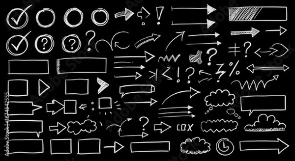 Fototapeta Collection of Hand Drawn Arrows Rectangles Question Marks Circles and Checkmarks in White on Black Background