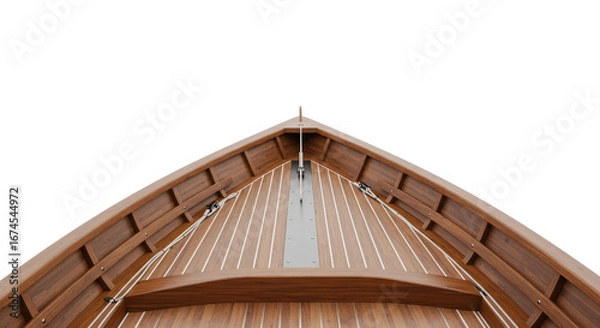 Fototapeta Wooden boat bow on white background, boat front view with wooden deck and white details, front view of a boat