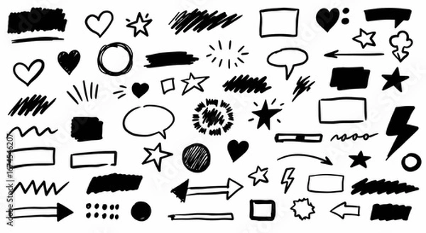 Fototapeta Collection of Hand Drawn Doodle Elements Including Hearts Stars Shapes Speech Bubbles Lightning Bolts and Arrows for Design Projects