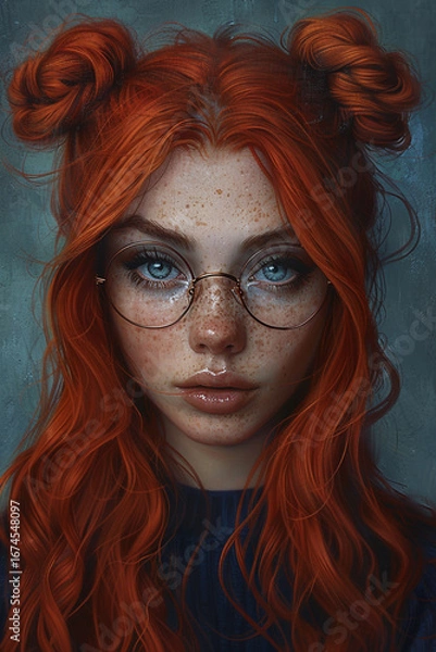 Fototapeta Young woman with vibrant red hair styled in buns, wearing glasses, showcases a captivating expression against a textured background, embodying creativity and individuality