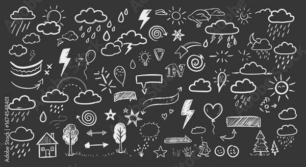 Fototapeta Collection of Weather Icons and Doodle Elements Drawn with Chalk on a Dark Textured Background for Creative Design Projects