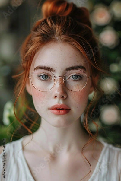 Fototapeta Young woman with red hair and freckles, wearing glasses, poses in a floral setting, showcasing natural beauty and confidence in a serene atmosphere