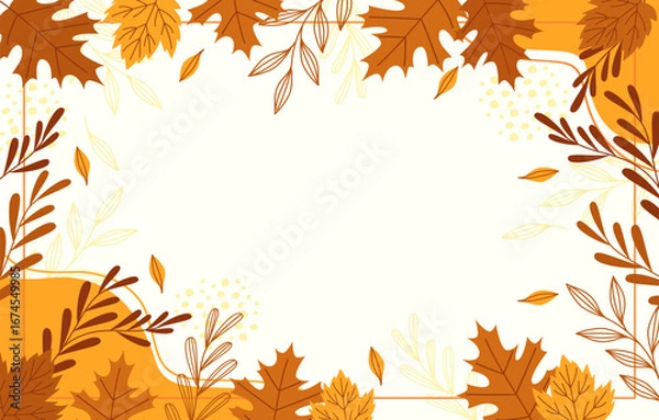 Obraz Beautiful autumn landscape background with vibrant orange, red, and yellow leaves, sunlight filtering through trees, fallen leaves on the ground, peaceful and natural atmosphere.