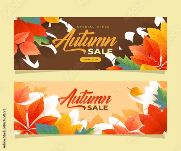 Obraz Autumn sale banner with vibrant fall leaves in orange, yellow, and red. Festive design with "Get up to 25%,50%,70% off" text, perfect for seasonal promotions, marketing, and social media campaigns.
