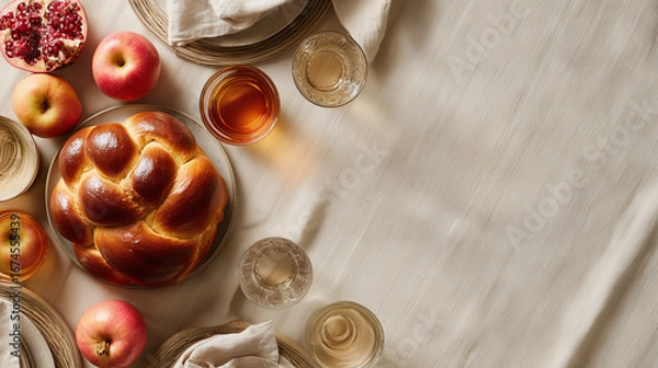 Fototapeta Rosh Hashanah holiday table with round challah and fruit.