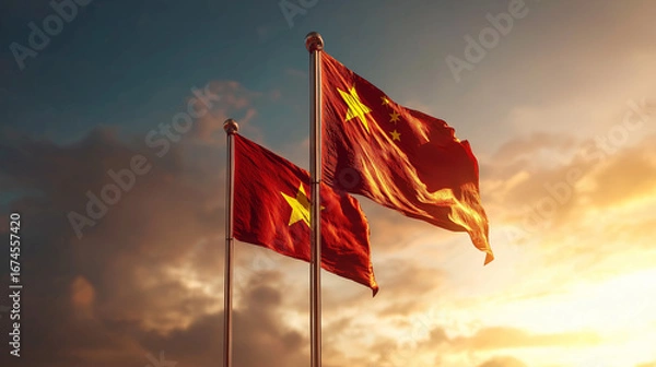 Fototapeta Waving chinese flags at sunset symbolizing national pride outdoor event scenic view inspirational concept