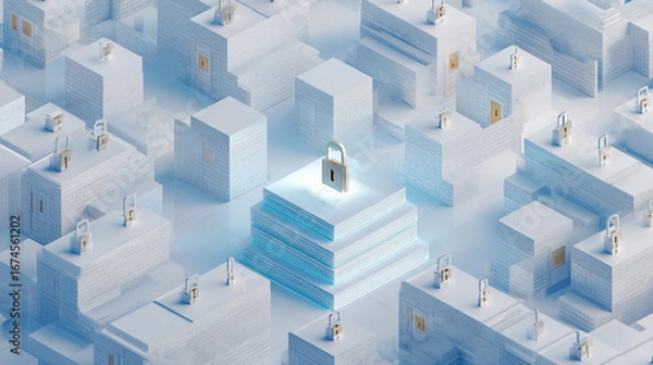 Obraz Futuristic Data Security Concept with Hovering Padlocks in a Hyperscale Hall Surrounded by Layered Data Structures