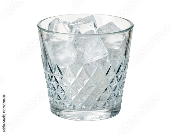 Obraz Front view of a faceted glass cup filled with ice cubes isolated on a transparent background png