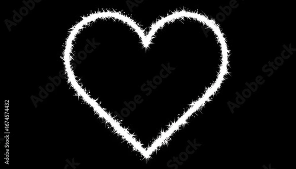 Fototapeta A simple, white, outlined heart shape on a black background.  A textured, spiky outline