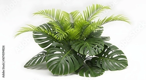 Fototapeta A lush arrangement of tropical plants, including monstera deliciosa and areca palm, isolated on a clean white background, showcasing vibrant green foliage and intricate leaf patterns
