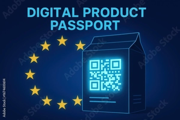 Fototapeta Digital Product Passport with QR Code and European Union Stars